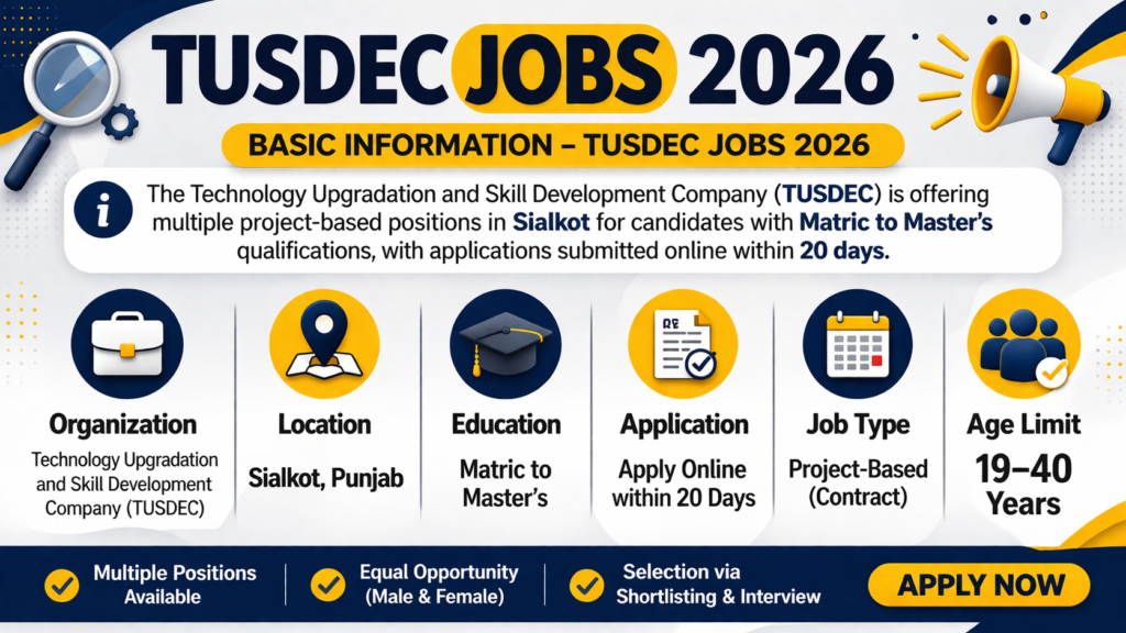 TUSDEC Jobs 2026 in Sialkot – Apply Online for Manager, Engineer & Technical Positions